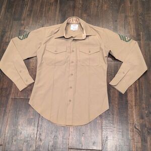 Vintage Creighton USMC Military Long Sleeve Shirt Mens Medium Tan Sargent Patch